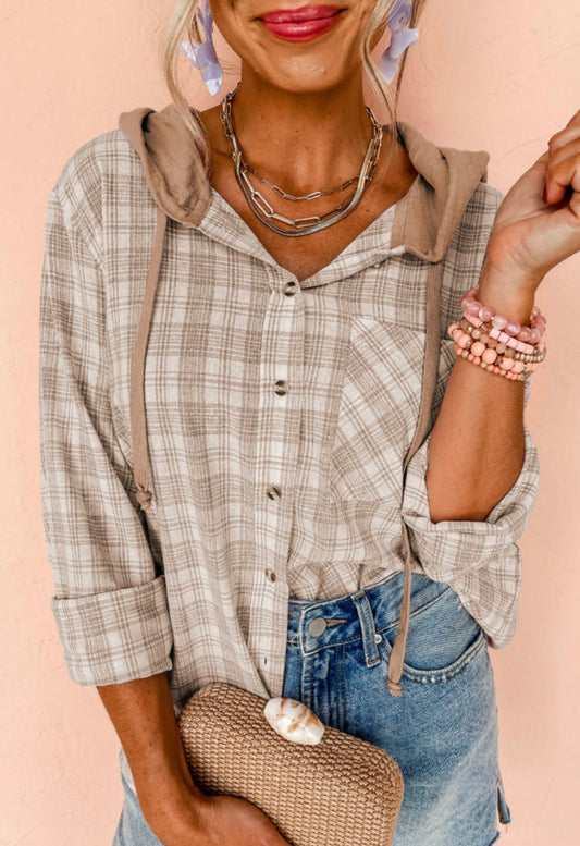 Plaid Button up Hooded Top