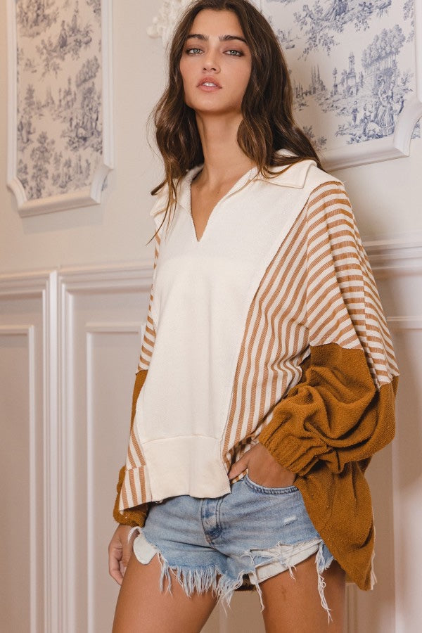 Oversized Camel Striped Collared top