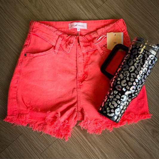 Coral distressed shorts