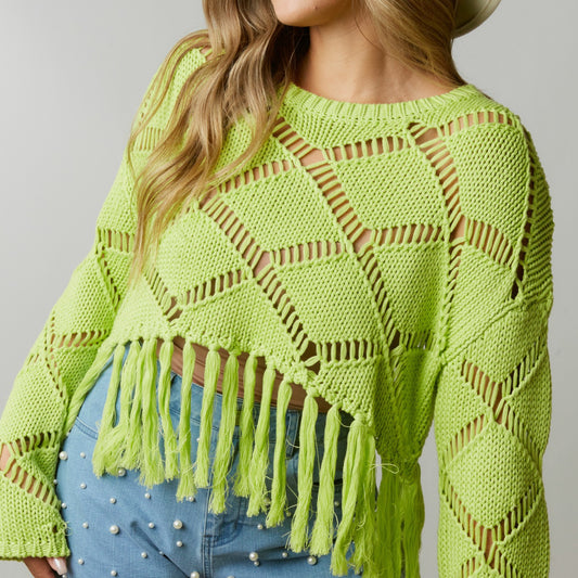 Lime Boho Fringe Crop Sweater